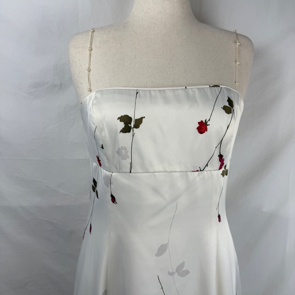 White Satin w/ Roses Pearl Strap Empire Maxi Dress Sz 14 A.B.S. Evening Bridal